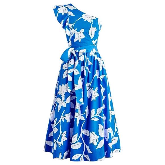 J. Crew Factory Dresses & Skirts - J.Crew One-Shoulder Blue White Floral Midi Dress Ruffle Shoulder Belted